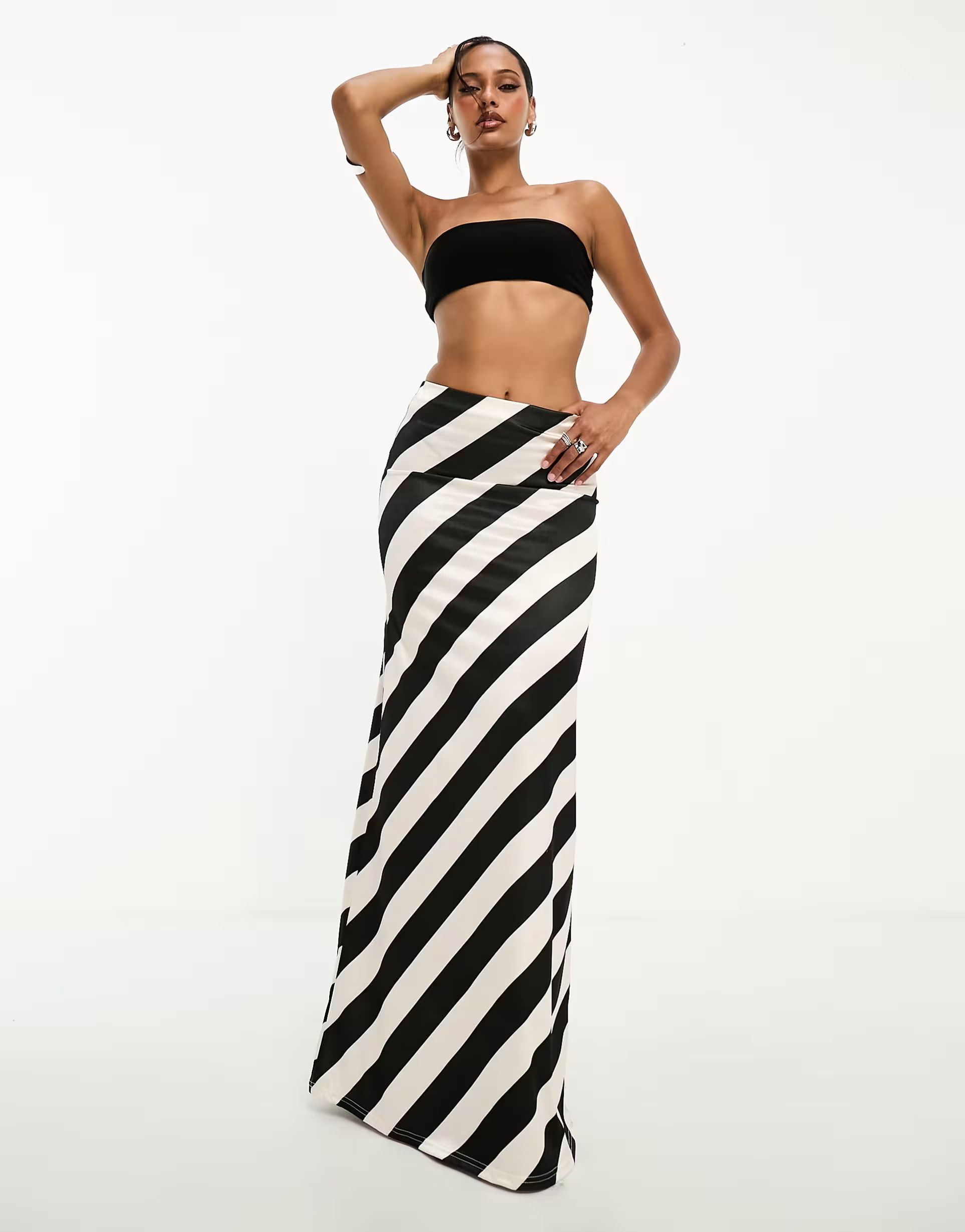 ASOS DESIGN satin twill maxi skirt in mono stripe | ASOS (Global)