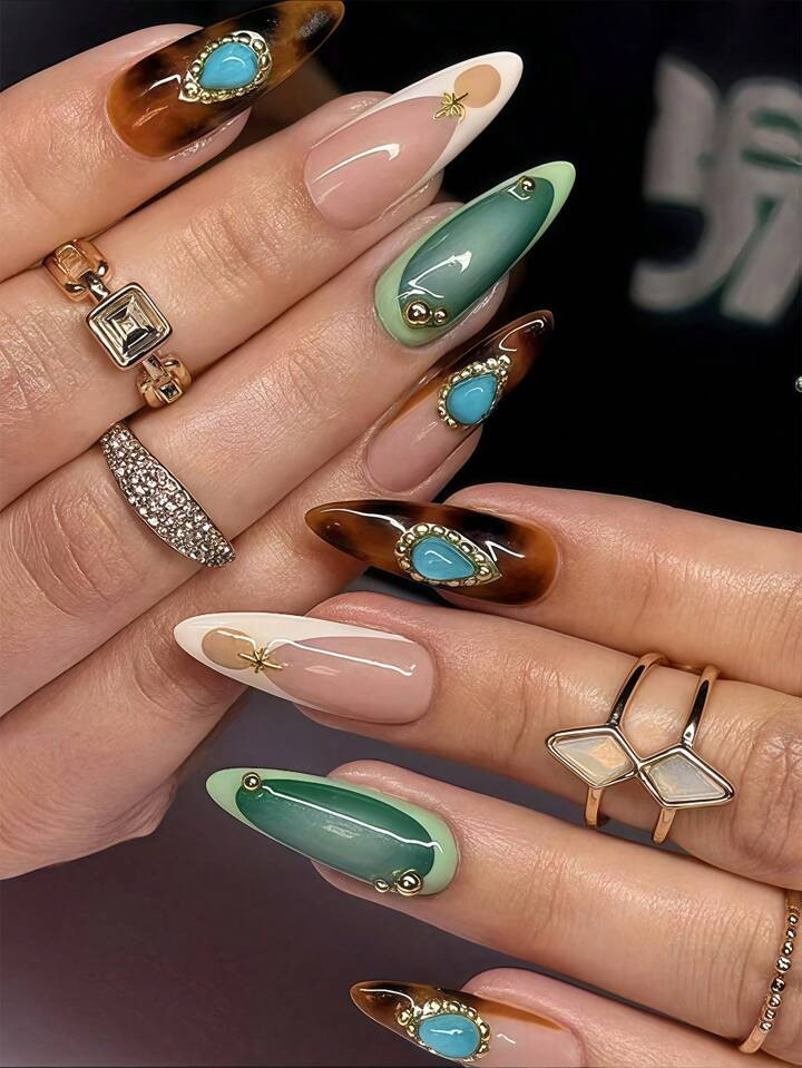 New 10pcs Short Almond-Shaped French Ombre Y2K Style 3D Vintage Oriental Green & Blue Gemstone Cr... | SHEIN