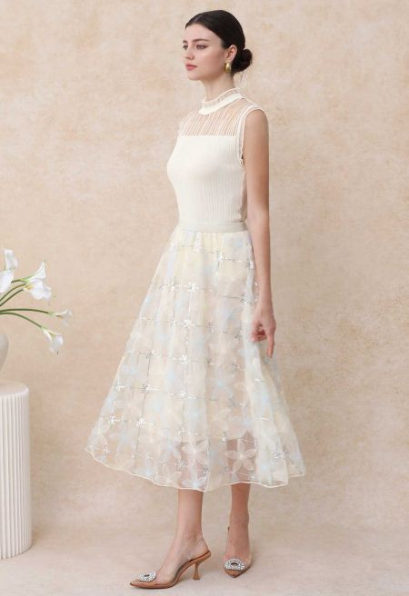 Ruffled Mock Neck Mesh Spliced Knit Top in Ivory | Chicwish