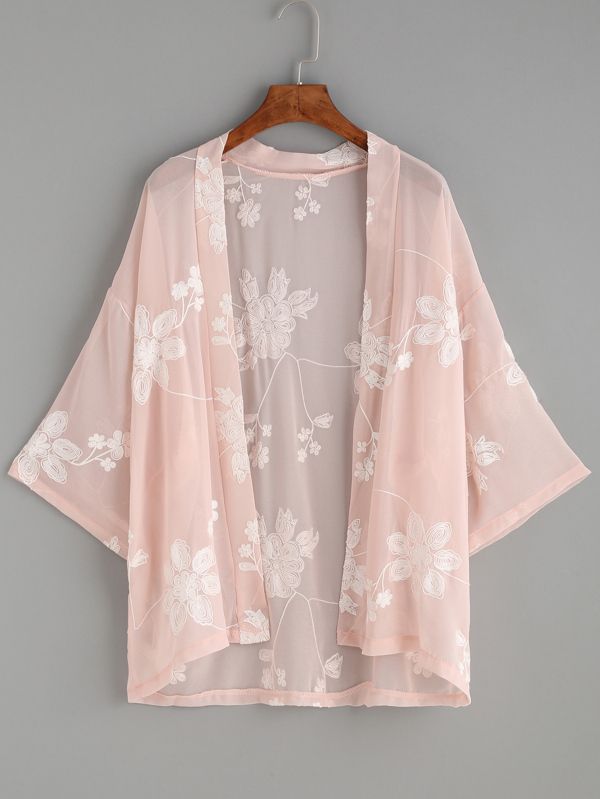 Flower Embroidered Semi-Sheer Kimono | SHEIN