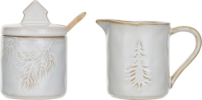 Creative Co-Op Tree Debossed Stoneware Creamer and Sugar Pot Set, White, Set of 3 | Amazon (US)