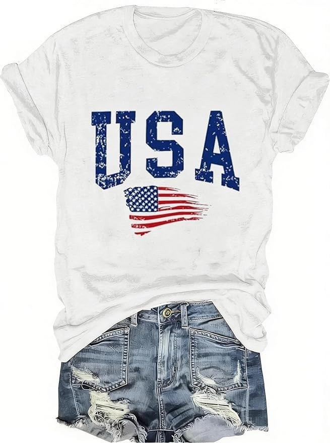 USA Flag Tee Shirt for Women 4th of July Memorial Day Gift T Shirt Casual Short Sleeve American P... | Amazon (US)