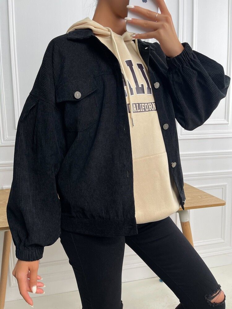 SHEIN EZwear Flap Pocket Drop Shoulder Corduroy Jacket | SHEIN