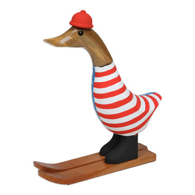 Handcrafted Bamboo Root and Teak Wood Skiing Duck Figurine | NOVICA