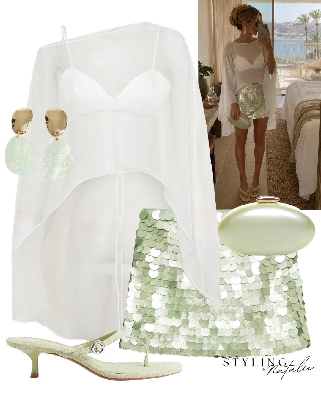 Summer sequins✨
Bralette with chiffon cape top, green sequin mini skirt, green kitten heels, green clutch and earrings. 
🏷️ Beach club, Ibiza outfit, summer night outfit, evening wear, ootn, holiday look

#LTKsummer #LTKpartywear #LTKuk
