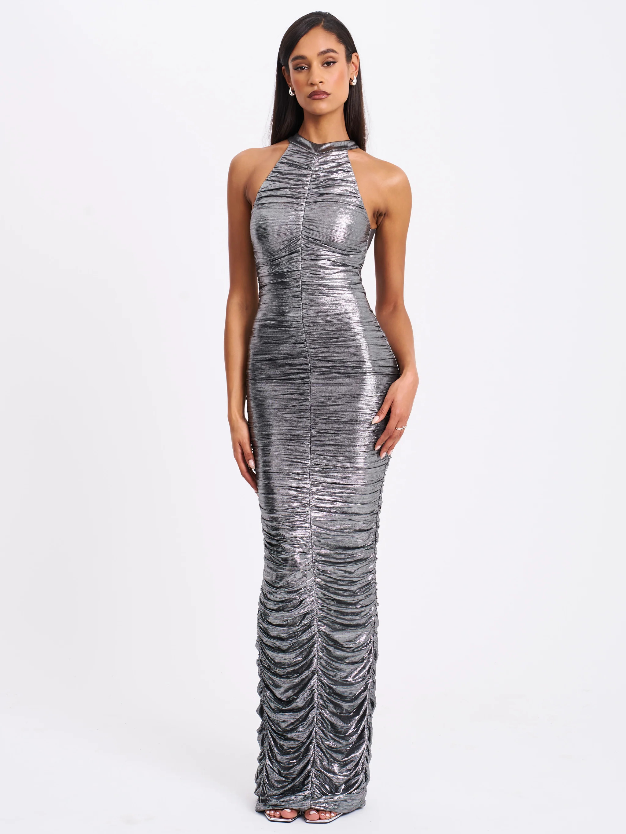 Abril Ruched Silver Glitter Backless Gown | Miss Circle