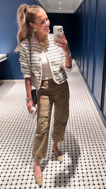 Abercrombie does it again with this adorable & chic striped tweed blazer with gold button details! It’s the perfect weight for this transitional weather this time of year! Sizing: jacket/medium (could’ve done a small!), tee/small, pants/4, flats/go up one half size! 

#LTKstyletip #LTKfindsunder100 #LTKtravel