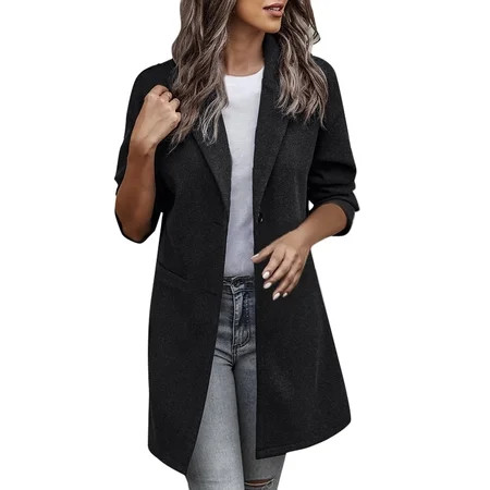 PMUYBHF Women Medium long Lapel Button long Sleeve Solid Color Pocket Fashion and Loose Suit Coat Bl | Walmart (US)