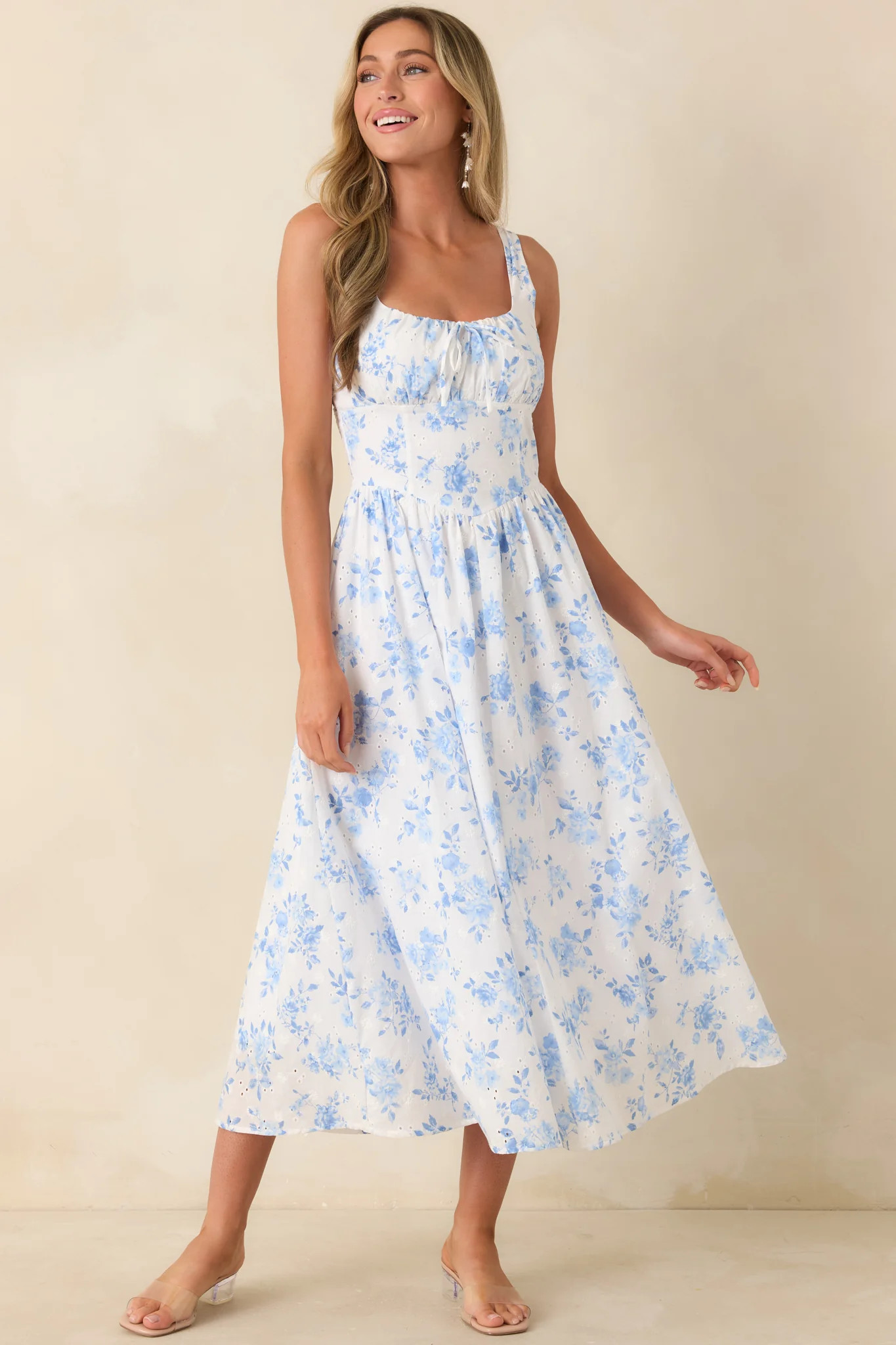Kiss at the Fair Ivory & Blue Floral Eyelet Peasant-Style Cotton Midi Dress | Red Dress