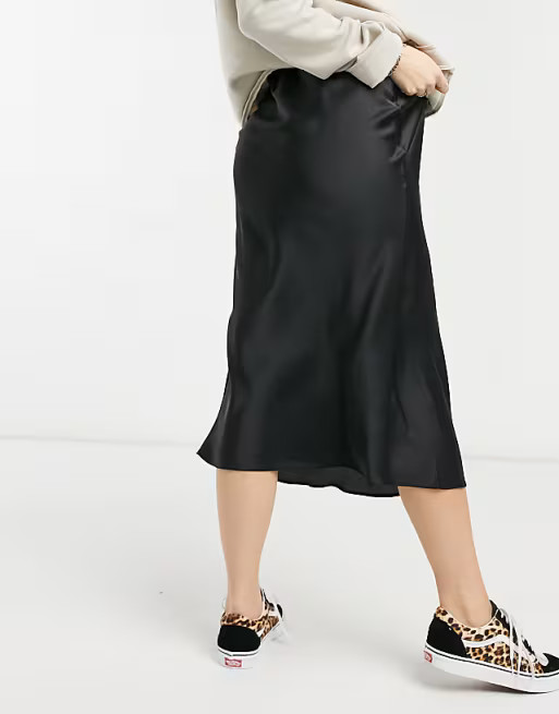 ASOS DESIGN Maternity satin bias slip midi skirt in black | ASOS (Global)