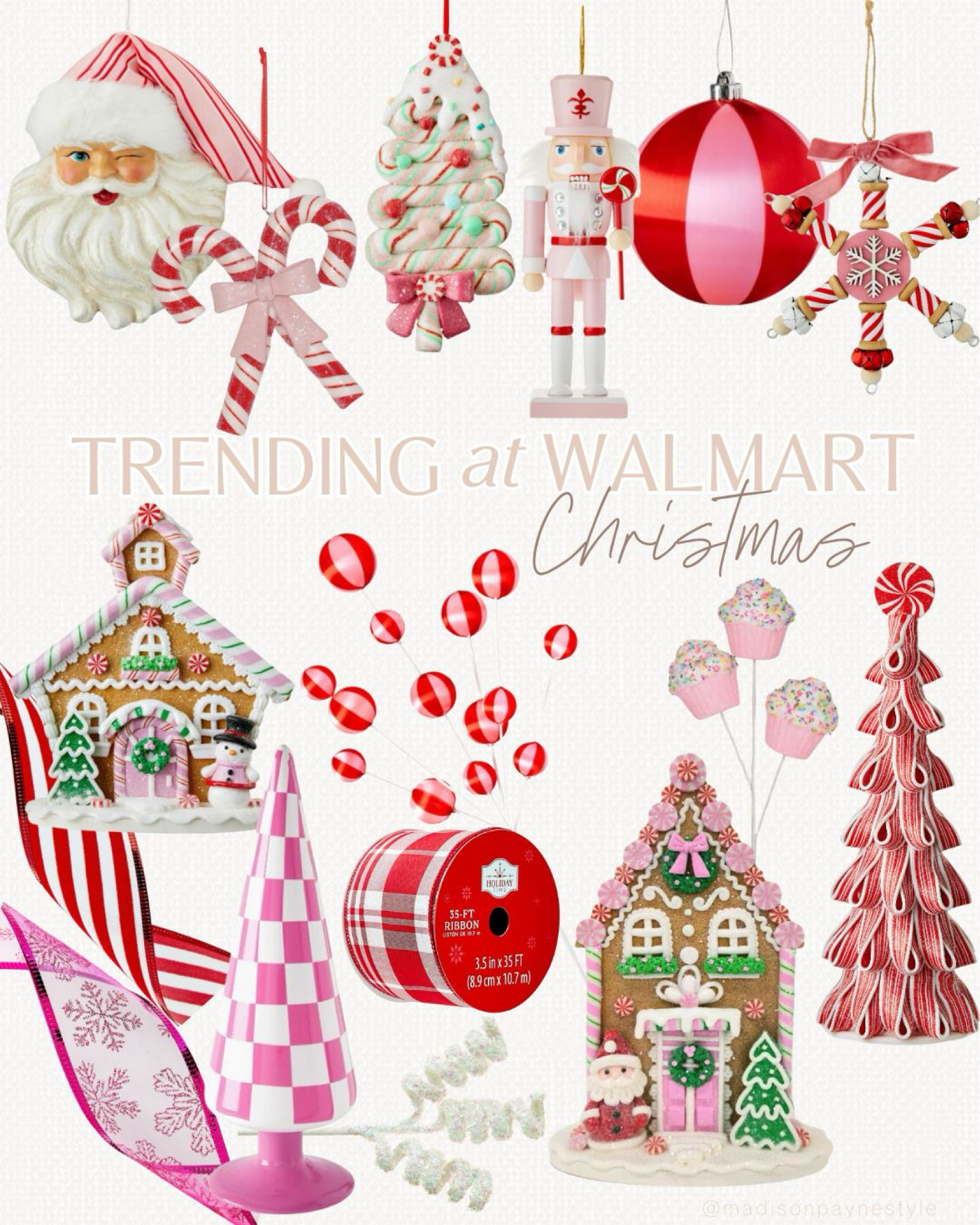 Christmas  Tree🎄🎁 decorations from Walmart ✨ This was a fun one with red and white stripes, pops of pink, plenty of nostalgia and so much festive ribbon!🥰 Walmart, Christmas, Christmas tree, Christmas decorations, Madison Payne 

#LTKHoliday #LTKSeasonal #LTKHome
