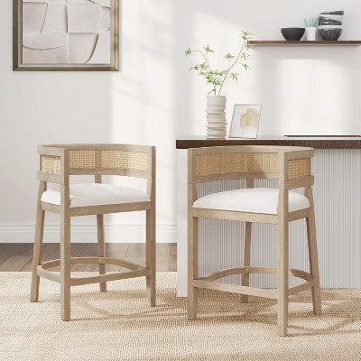 Christopher Knight Home Marni Contemporary Rubberwood Upholstered Counter Stools with Curved Rattan Back (Set of 2), Natural Ash | Target