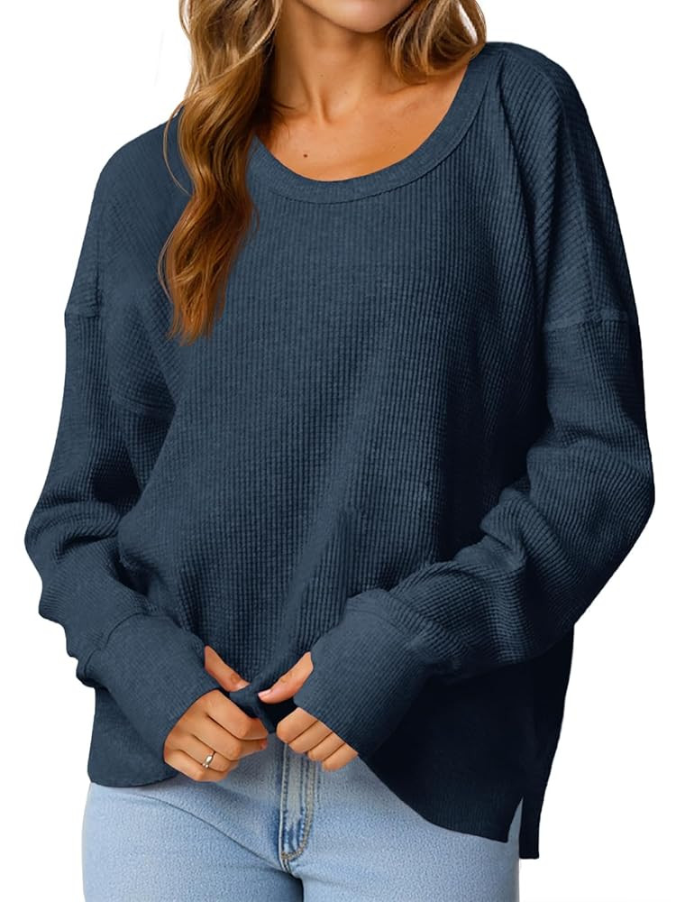 Fisoew Womens Casual Crewneck Sweatshirt Waffle Knit Long Sleeve Side Slit Loose Fit Fall Shirts ... | Amazon (US)