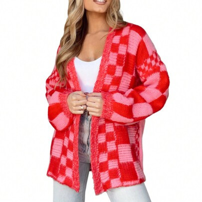 Women's Checkered Cardigan Long Sleeve Open Front Loose Sweater Casual Streetwear For Fall Winter | SHEIN