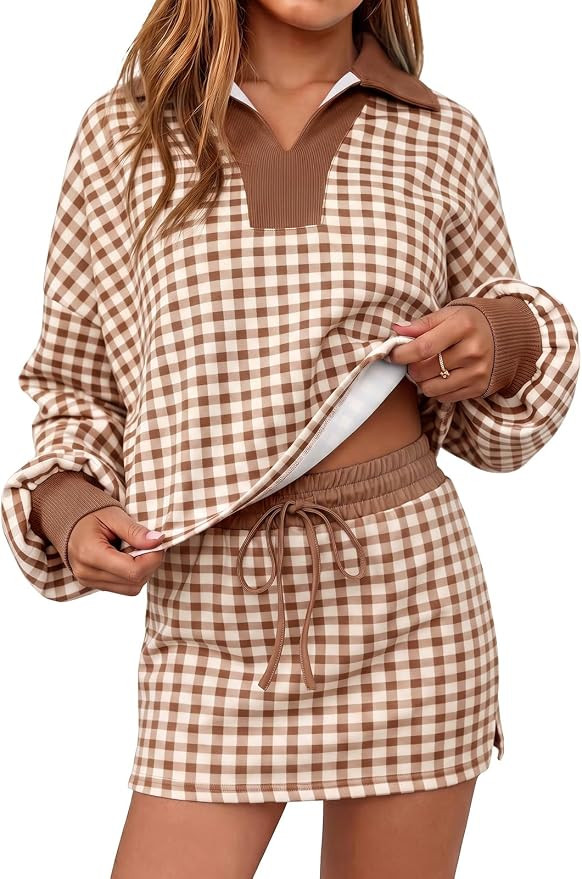 Fisoew Womens Striped 2 Piece Outfits Casual Sweatshirt Skirt Set Long Sleeve Skort Workout Set M... | Amazon (US)