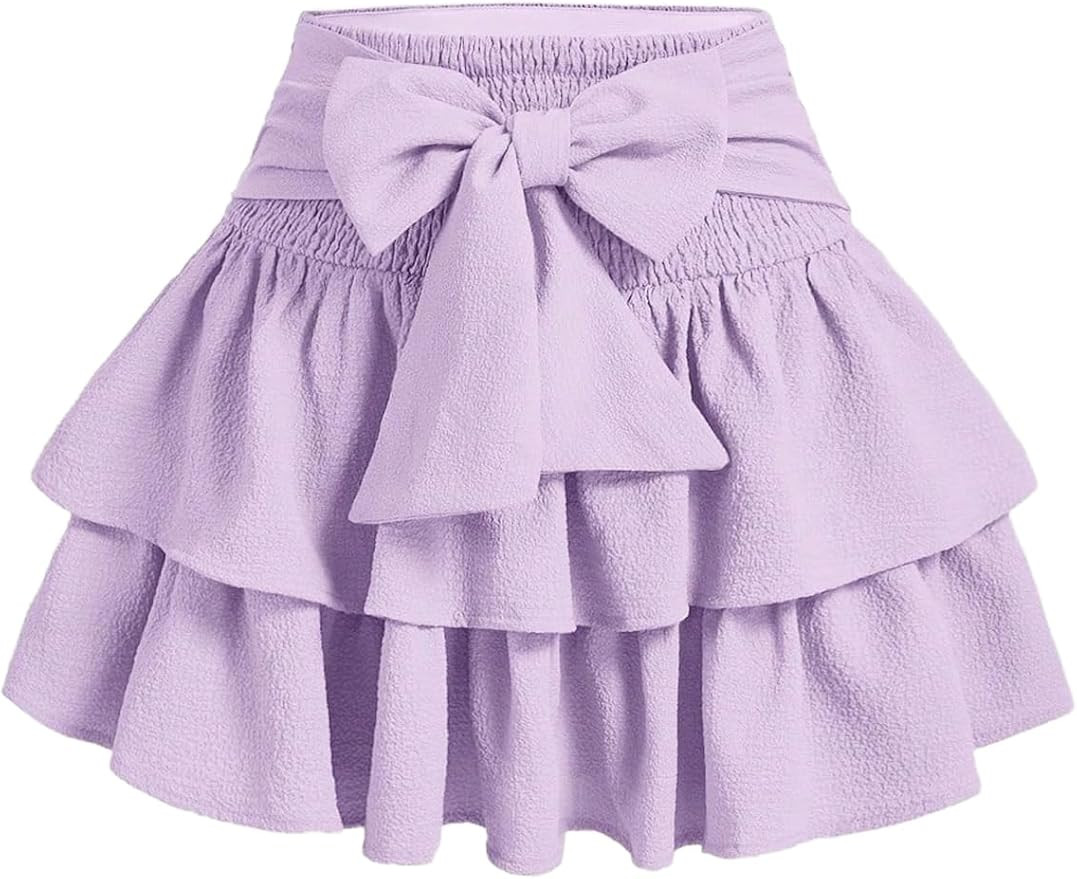 Women's Bow Front Mini Skirt High Shirred Waist Layered Ruffle Hem Short Cake Skirts | Amazon (US)