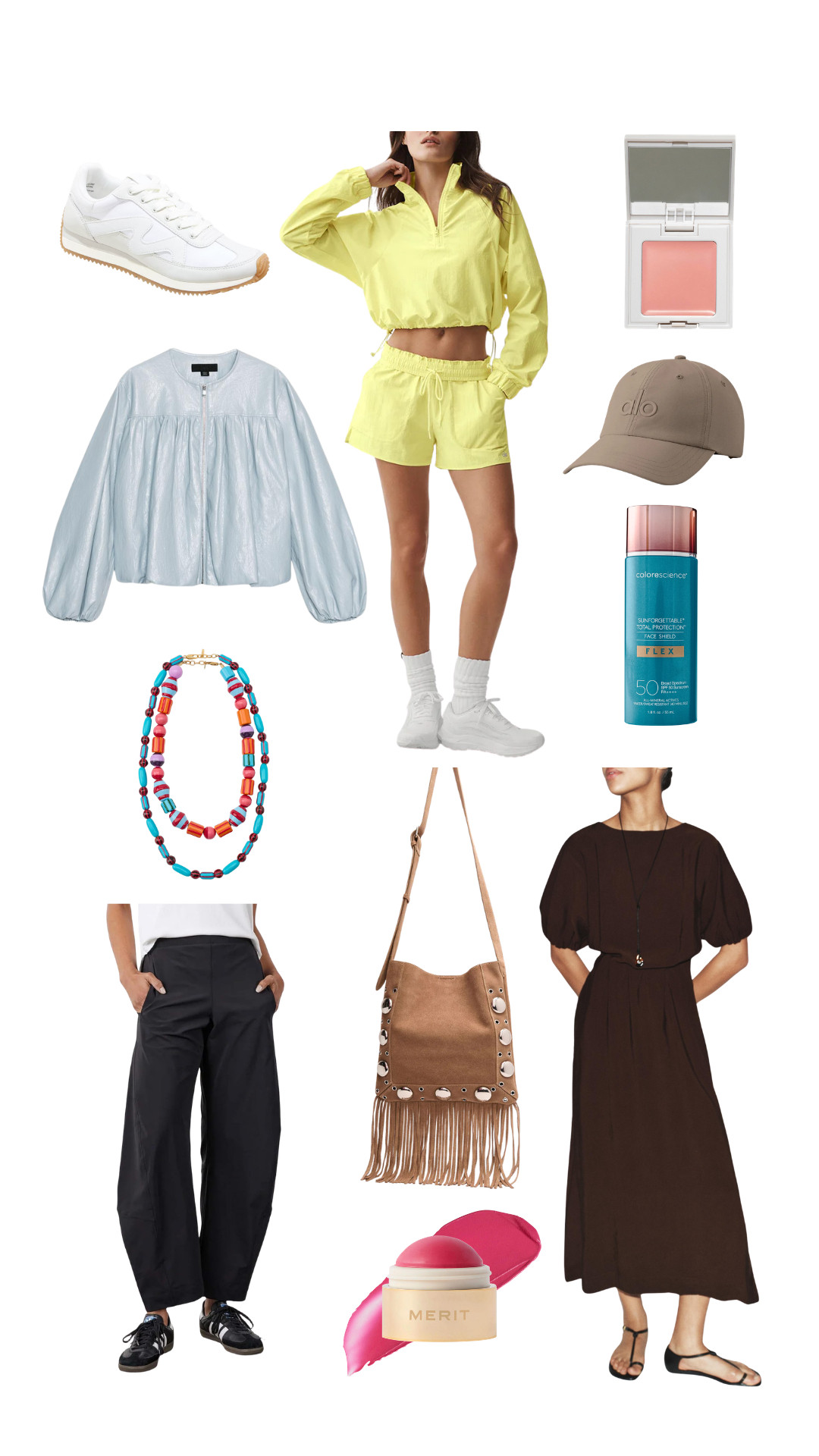Best sellers! 🤍 Featuring my current favorites: the Alo sunshine set, Zara’s flowy pleated dress, a light blue leather balloon jacket, Amazon barrel pants, a fringe suede bag + everyday makeup essentials.

#LTKootd #LTKSeasonal #LTKBeauty