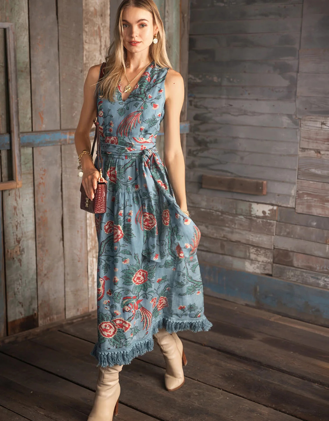 Danica Midi Dress Japonica Bird Blue Spruce | Spartina 449