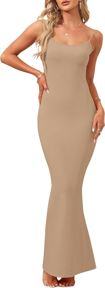 WNEEDU Womens Slip Maxi Dress Sexy Ribbed Bodycon Dresses Square Neck Sleeveless Long Dress | Amazon (CA)