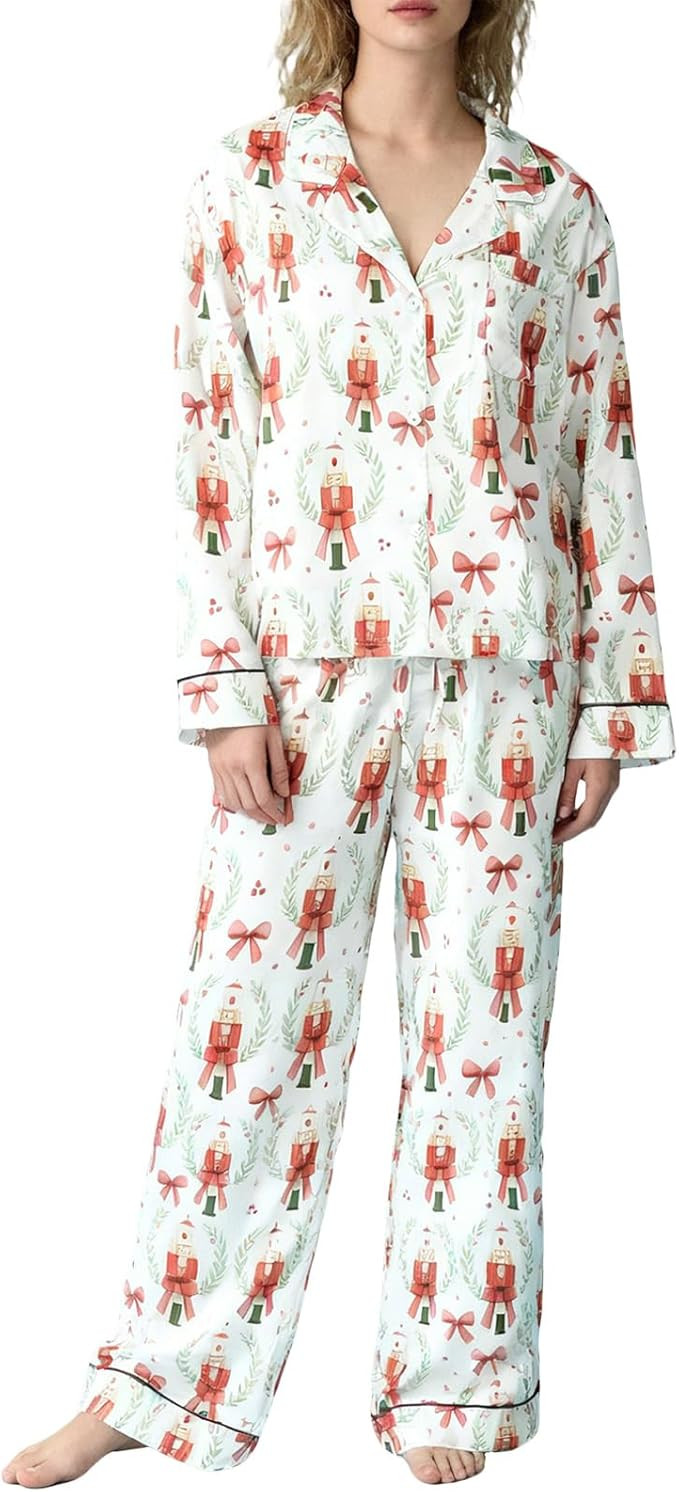 Women Christmas Print Pajamas Set Long Sleeve Button Down V-Neck Shirt Elastic Waist Wide Leg Pan... | Amazon (US)