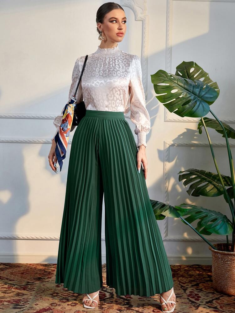 Leopard Jacquard Shirred Bishop Sleeve Top & Pleated Wide Leg Pants | SHEIN