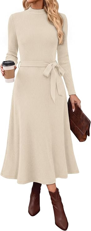 OFEEFAN Long Sleeve Dress Mock Neck Tie Waist Ribbed Knit Midi Dresses Fall Outfits | Amazon (US)