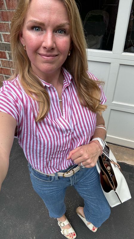 What I wore today - casual summer work outfit idea 

Pink striped linen-blend popover shirt fits oversized. I sized down one.

Wide leg cropped jeans — from last summer but linked the similar options available this year 

Beige/creamy white leather belt, work tote and Birkenstock slides for accessories 