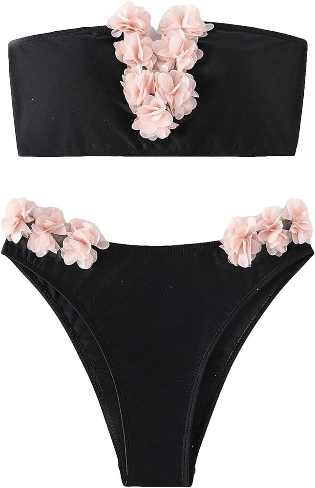 OYOANGLE Women's 2 Piece Floral Appliques Lace Up Bandeau Bikini Swimsuit Beachwear | Amazon (US)