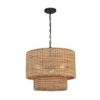 allen + roth Adara 3-Light Matte Black Canopy with Natural Rattan Shade Traditional Drum Hanging Pendant Light | Lowe's