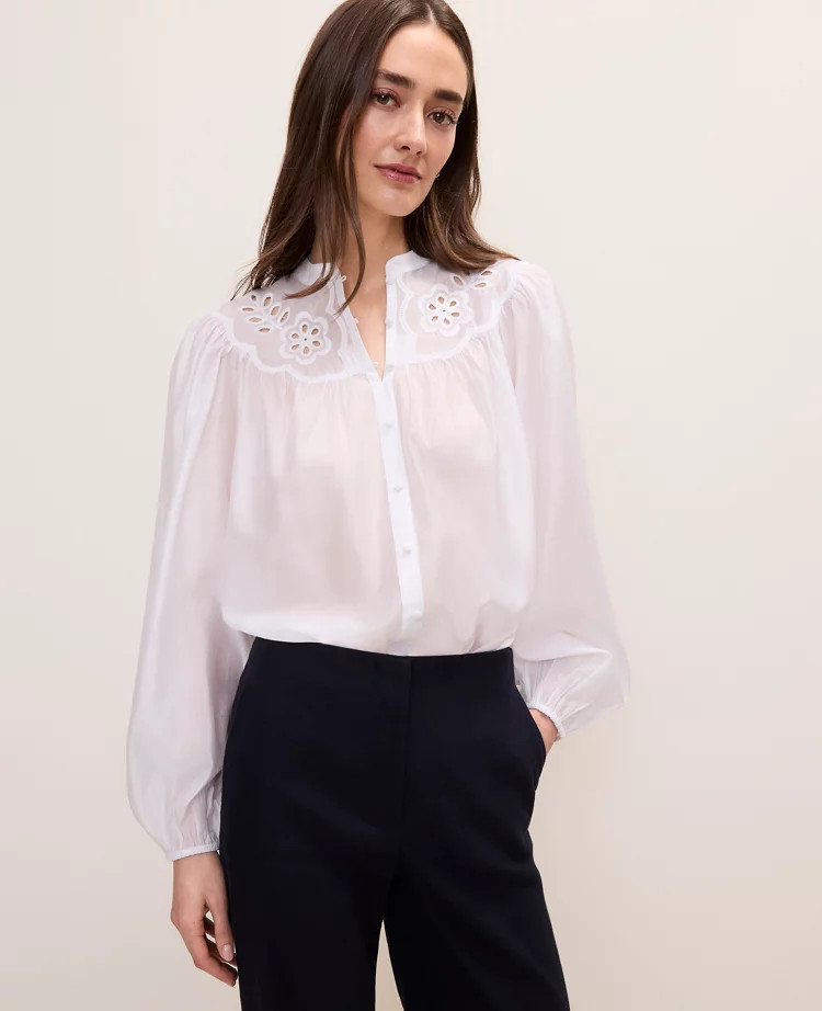 Embroidered Gathered Blouse | Ann Taylor