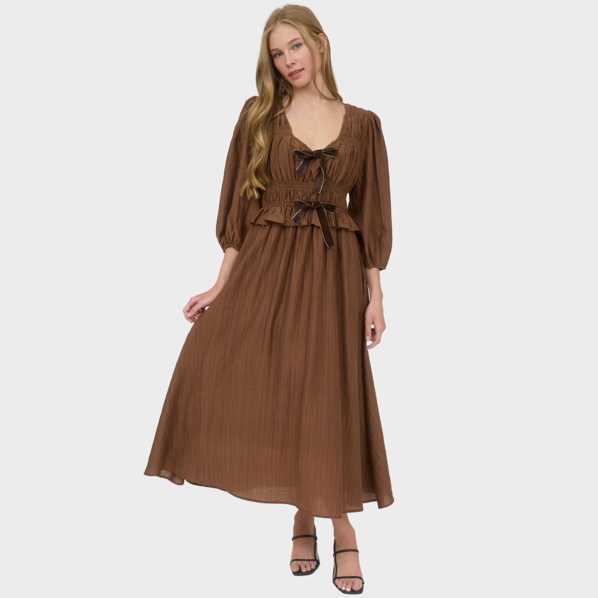 August Sky Women's Front Bows Ruched Midi Dress RD4083_Brown_Medium | Target