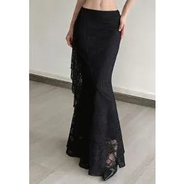 Allover Lace Panel Mermaid Maxi Skirt in Black for Beach Vacation & Concert Festival | Chicwish
