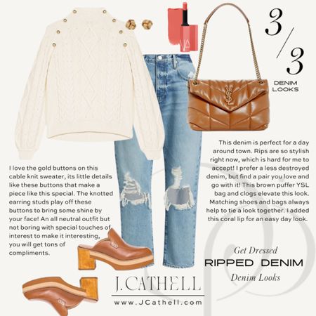 Neutral clogs, with a matching bag and distressed denim. Love how the earrings match the details on the sweater. 

#LTKstyletip #LTKSeasonal #LTKshoecrush