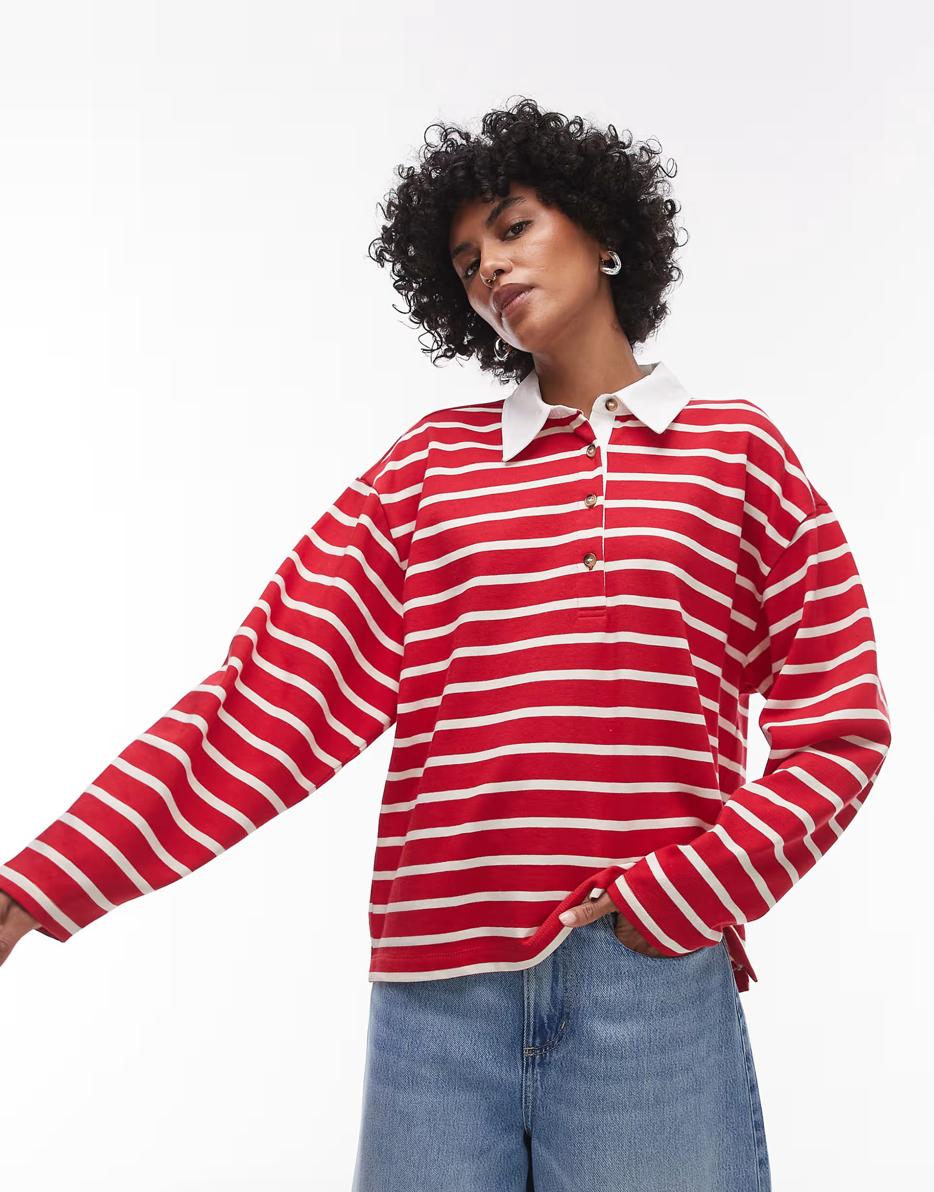 Topshop jersey stripe rugby long sleeve polo in red | ASOS (Global)