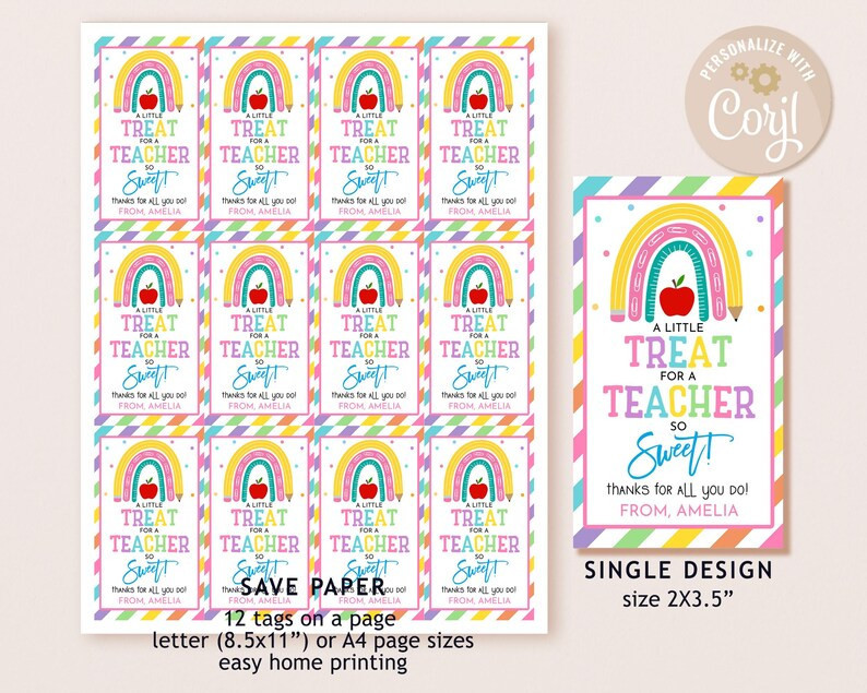 A Little Treat for A Teacher so Sweet Tag Teacher Appreciation Week Gift Tags Pencil Apple Rainbo... | Etsy (US)