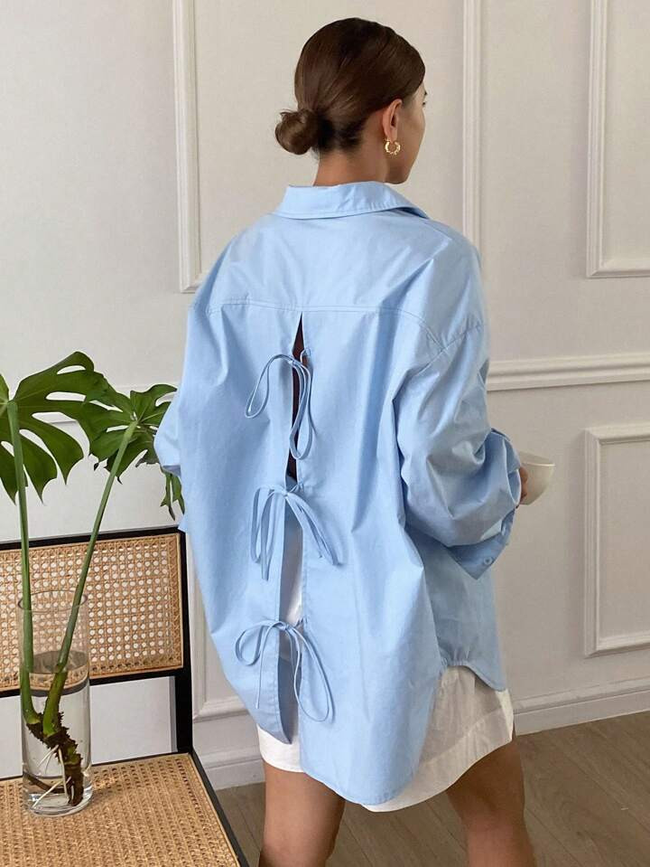 Livesso Women's Solid Color Loose Long Sleeve Turndown Collar Backless Tied Bow Blouse,Long Sleeve Tops | SHEIN