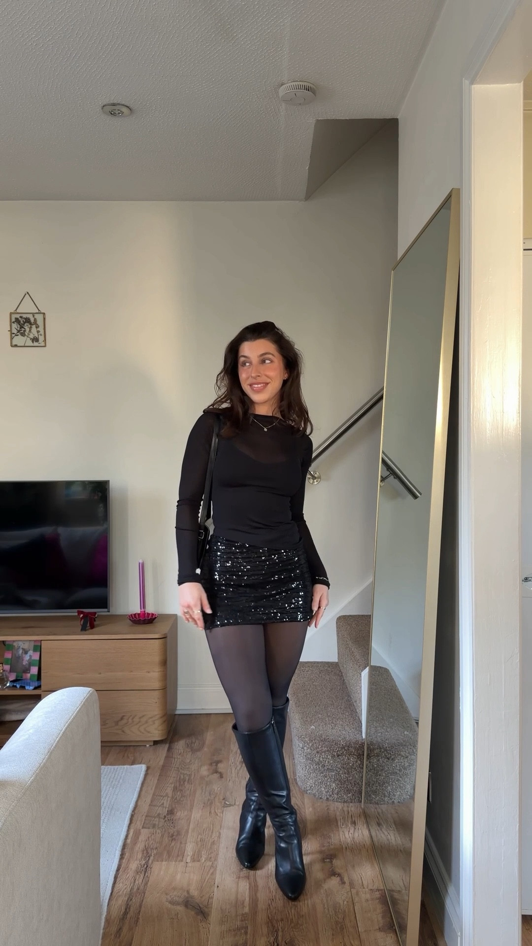 Valentine’s Day date outfit, date night outfit, galentines, sequin skirt, skort, shorts, thermal tights, black, all black outfit, chic, wardrobe, essentials, sheer top, mesh top, long sleeve top, maxi coat, petite, short girl friendly, asos, black bag, knee high boots, duo boots, small girl, love day, going out out, girls night, drinks, dinner, birthday, London, Manchester, Liverpool

#LTKdatenight #LTKpetite #LTKuk