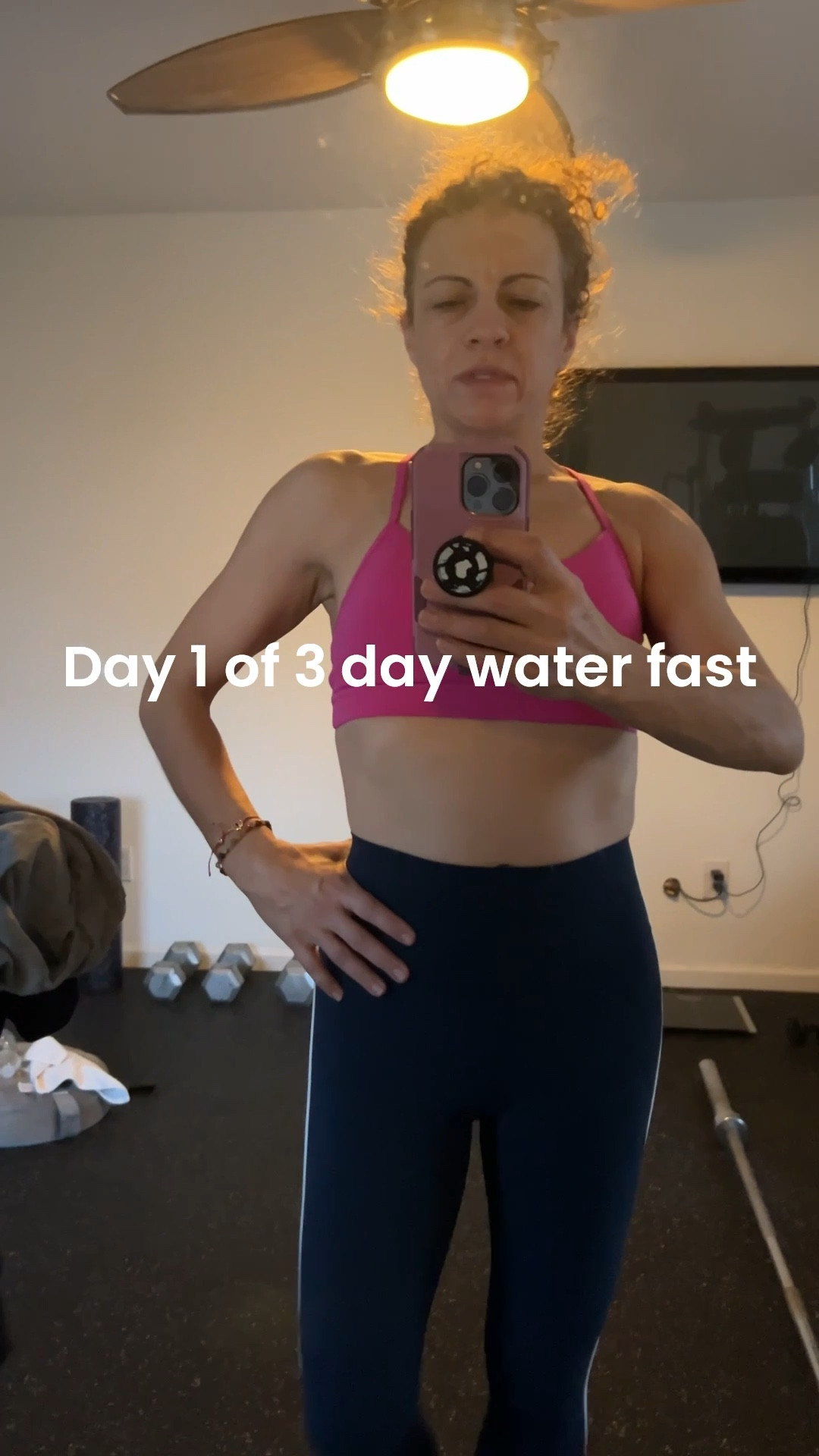 OOTD hot yoga/ Pilates sports bra and peloton leggings. Day 1 of a 3 day water fast because we are 51 in perimenopause and need our yearly reset. I try to do the 3 day water fast 2x a year but last year that didn’t happen. I only did January but this year I’m doing it again sept or oct. let me know if you have any questions 💕✨