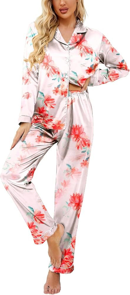 Ekouaer Women's Classic Button Down Long Satin Silk Pajama Set | Amazon (US)
