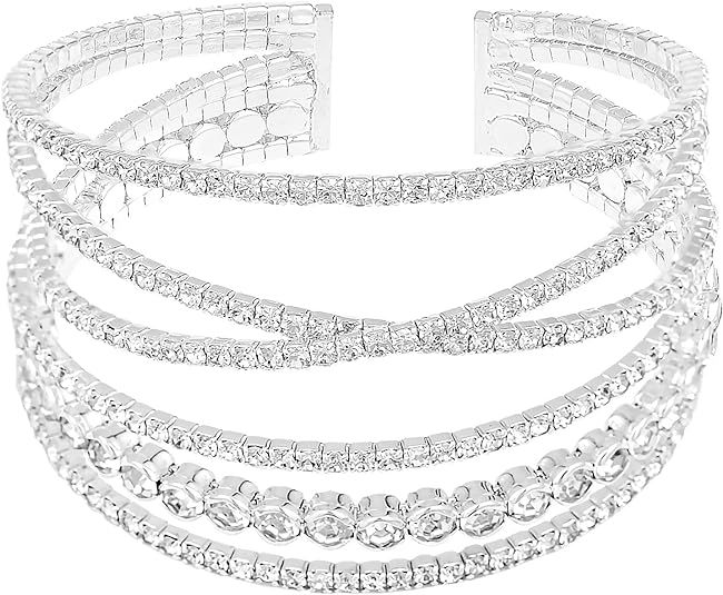 MultiLayer Crystal Rhinestone Cuff Bracelet For Women Girls Silver Strand Layered Bridal Bracelet... | Amazon (US)