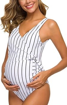 Tempotrek Maternity Swimsuit One Piece Elegant V Neck Pregnancy Swimwear Tie Front Bowknot Bathing S | Amazon (US)