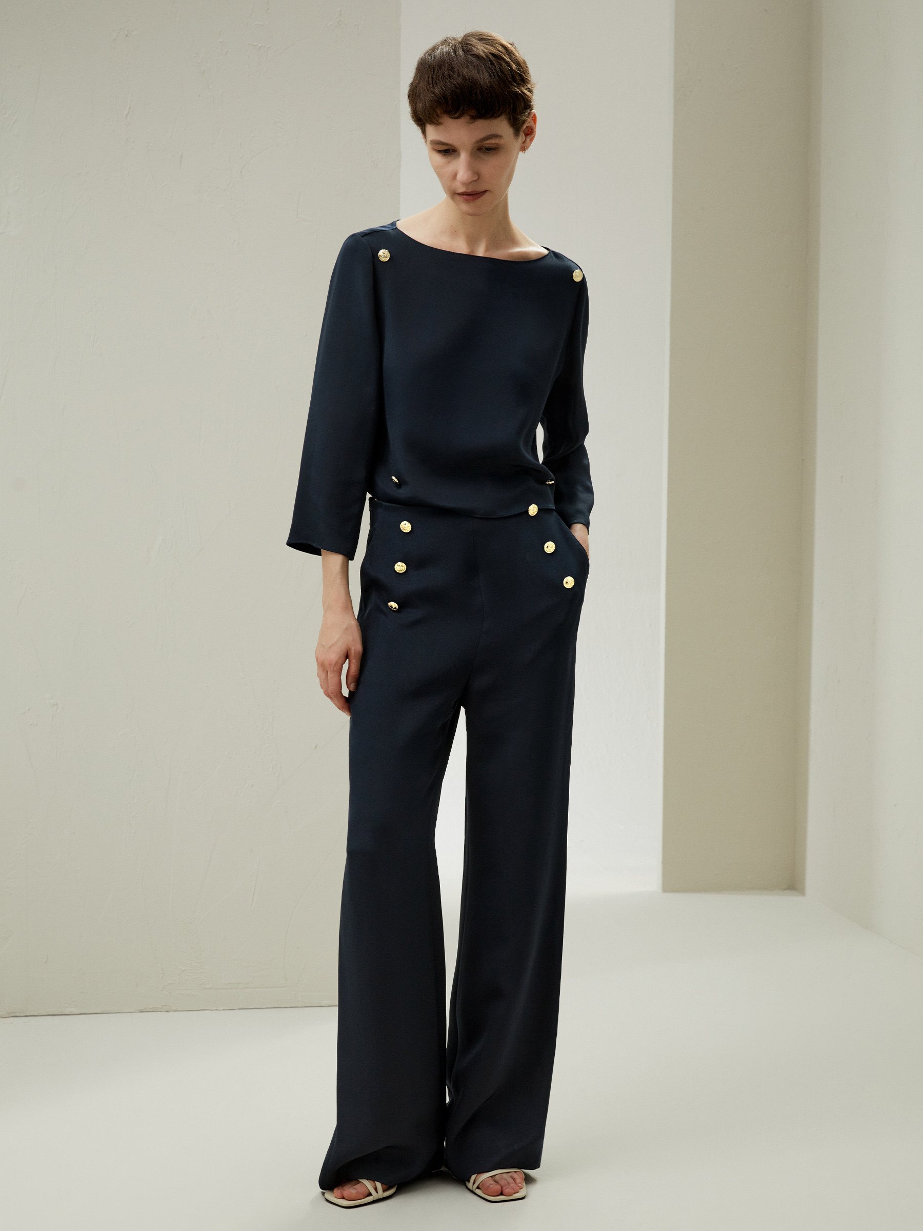Dubrovnik Button Front Wide Leg Silk Trousers | LilySilk