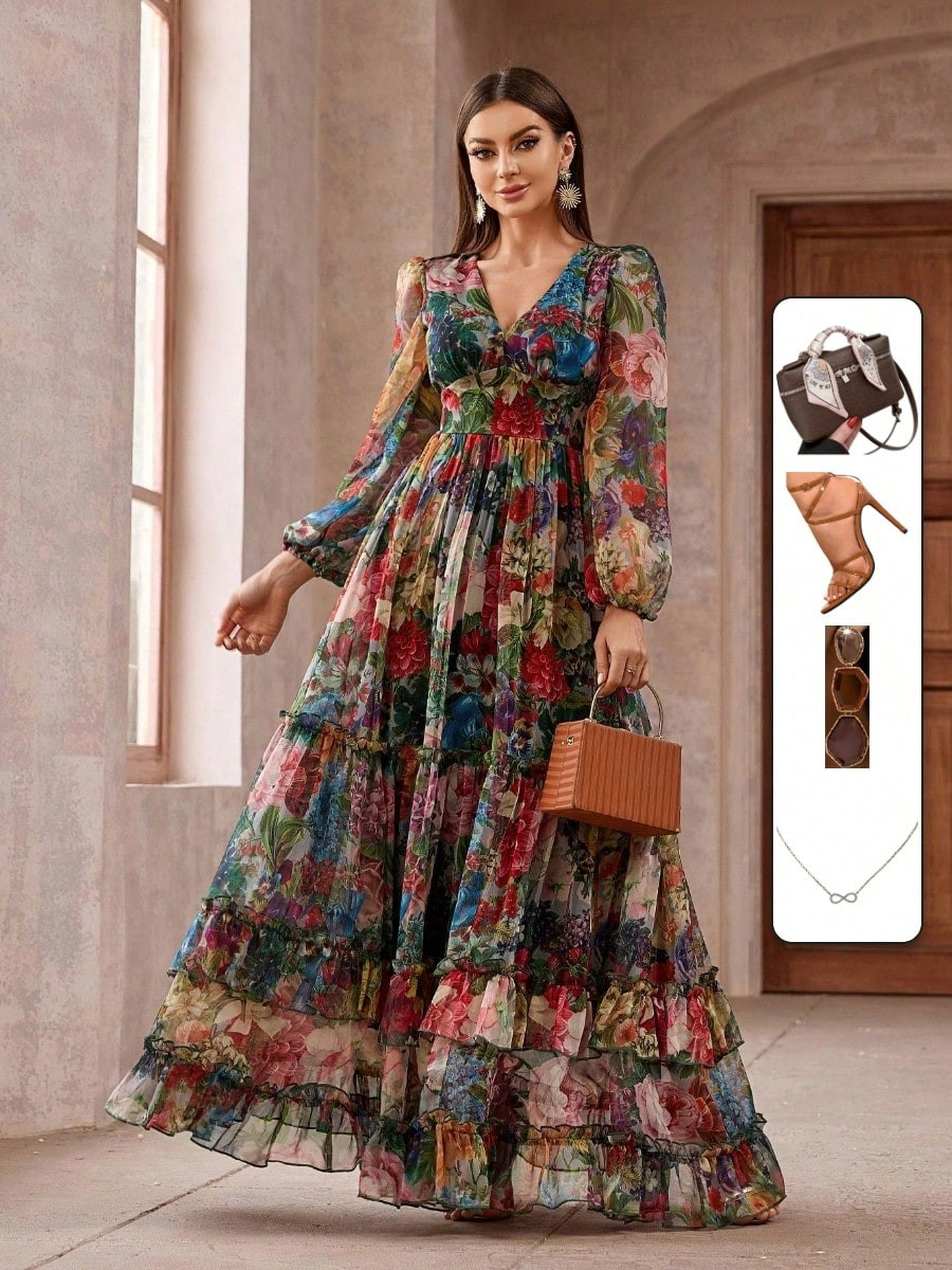 Women's Vintage Floral Long Sleeve Frill Trim Summer Dress | SHEIN