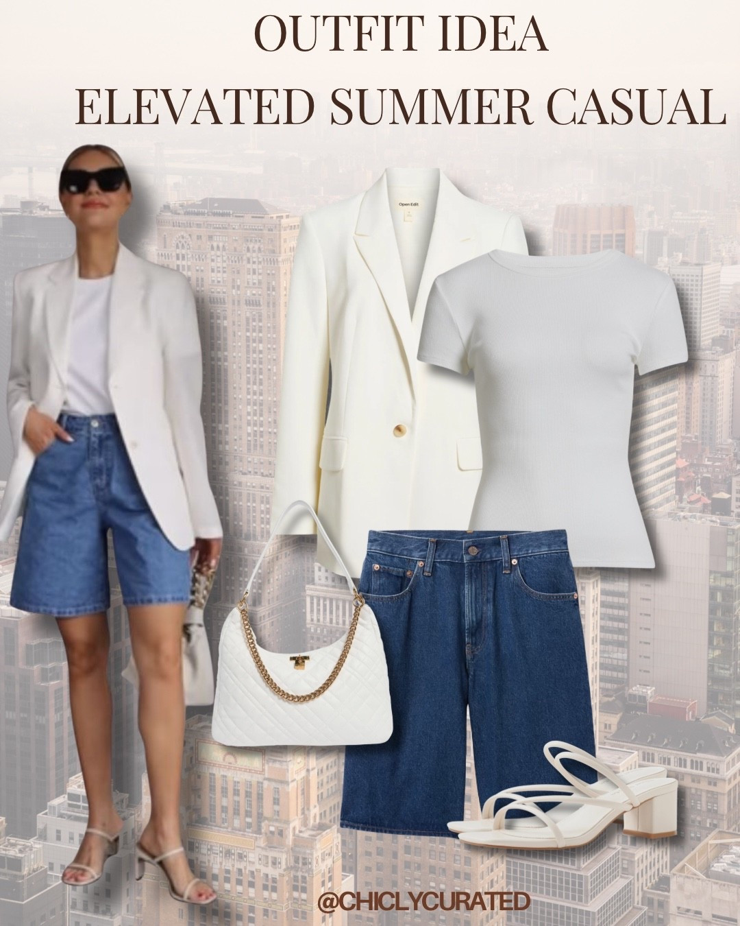 The structured tailoring of a white blazer instantly elevates the relaxed feel of a classic tee and Bermuda shorts, creating an effortlessly elevated casual outfit. Strappy heels elongate the leg and add a chic, sophisticated finish that's perfect for summer.

elevated casual outfit,white blazer,Bermuda shorts, summer outfits, white T-shirt

#LTKootd #LTKSaleAlert #LTKU