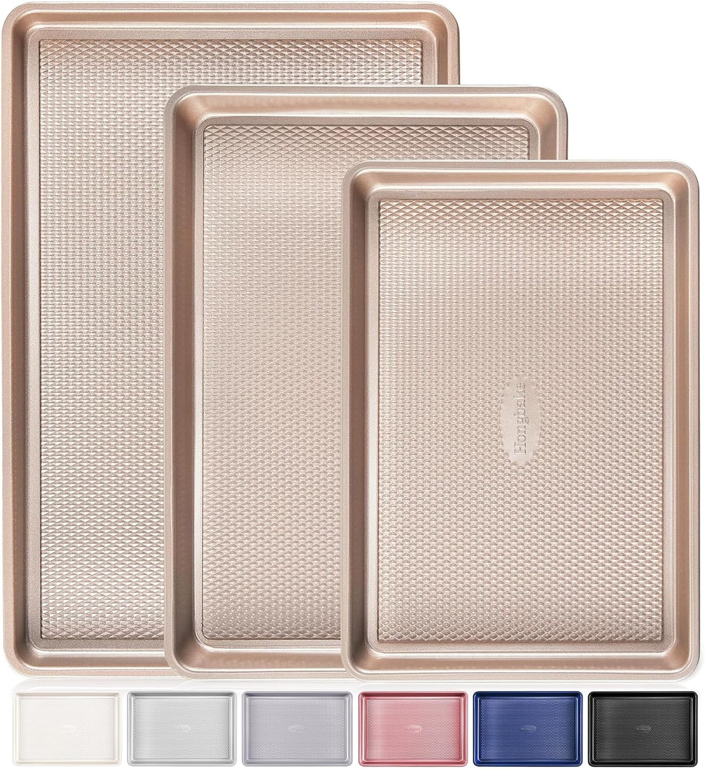 Baking Sheet Pan Set of 3, Cookie Sheets for Oven, Nonstick Half/Quarter/Jelly Roll Pans with Diamond Texture Pattern, 0.8mm Thick Heavy Duty Cookie Tray, Champagne Gold | Amazon (US)