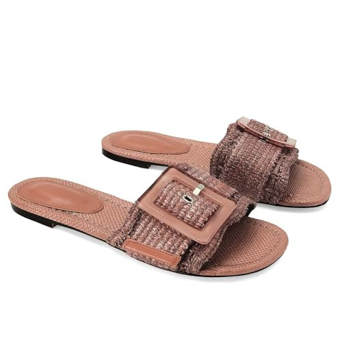 ZJGZF Raffia Flat Sandals for Women Buckle Summer Beach Sandals Straw Woven Braided Rattan Slides Comfort Cute Dressy Shoes Orange Red | Amazon (US)