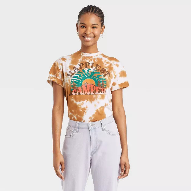 Women's Happiest Camper Short Sleeve Graphic T-Shirt - Brown Tie-Dye | Target