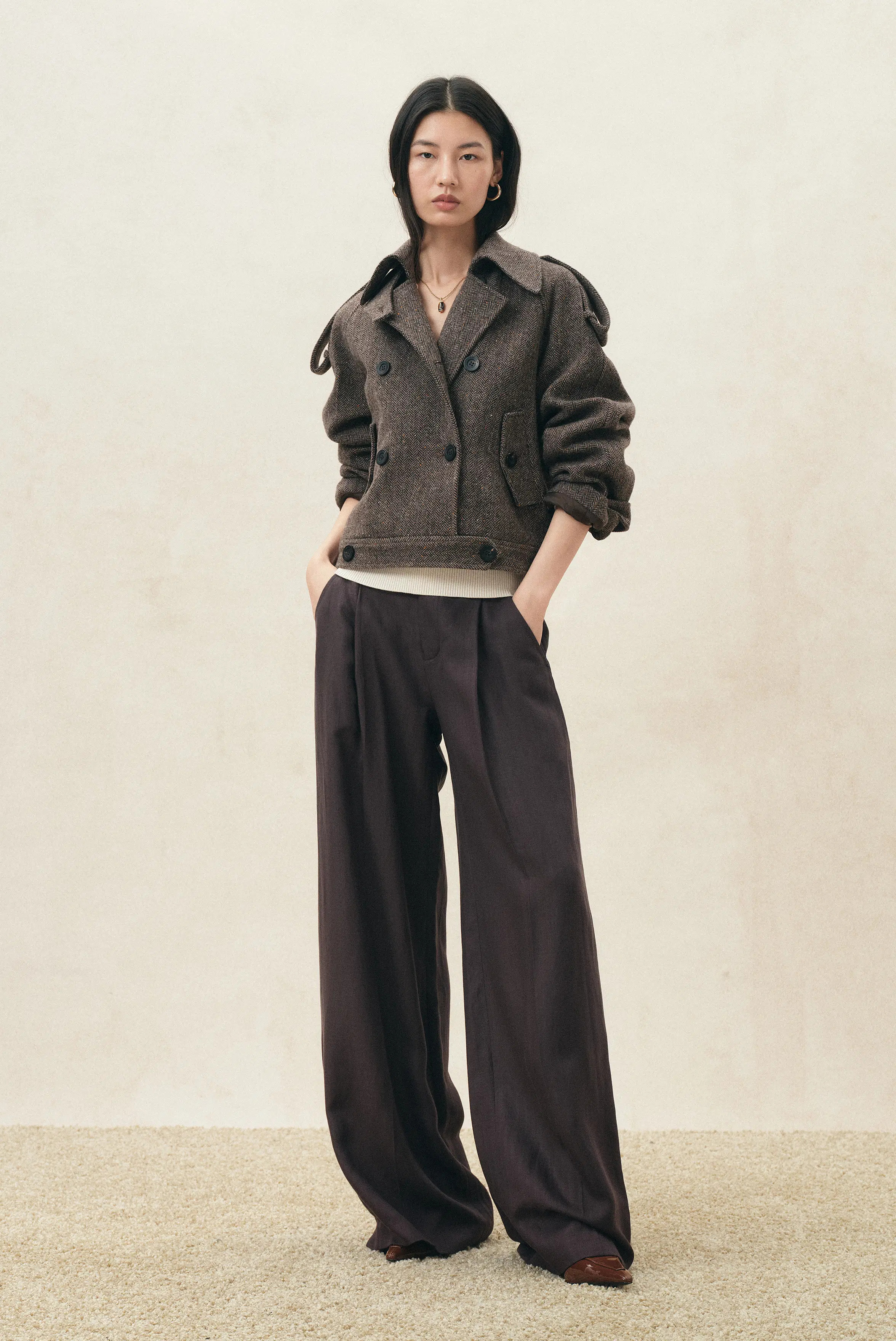 Isolde Flecked Herringbone Cropped Coat in Wool Blend | Fabrique