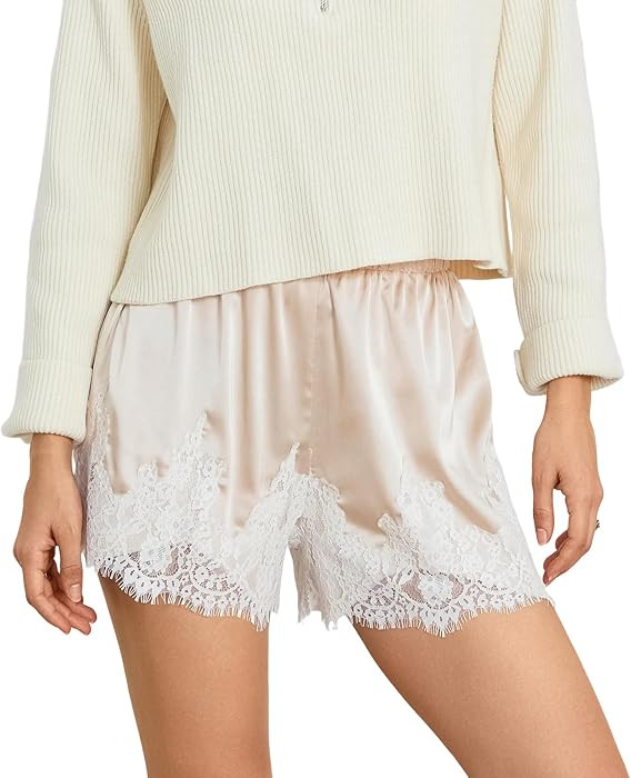 Women Silk Lace Trim Shorts Elastic Waist Y2k Cute Fairy Half Slip Coquette Pajamas Bottoms | Amazon (US)