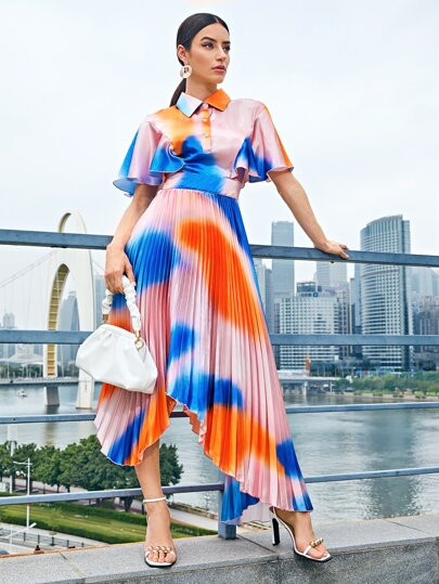 SHEIN Tie Dye Flutter Sleeve Asymmetrical Pleated Hem Dress | SHEIN